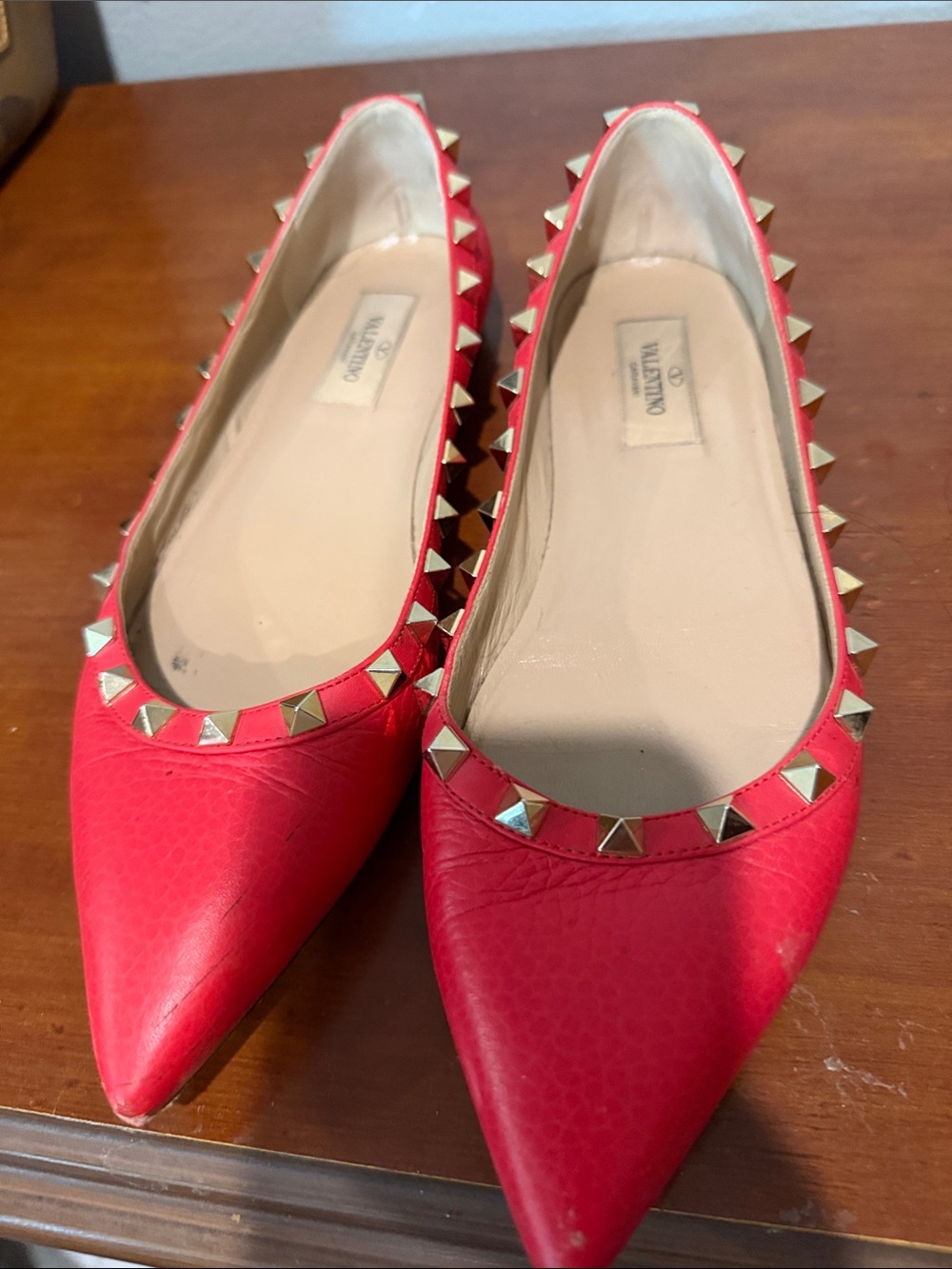 Valentino Red Leather Pointed Rockstud Flats